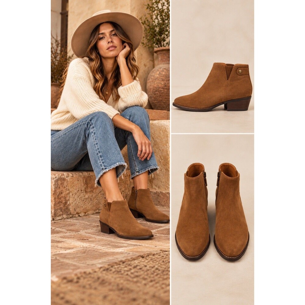 Zodiac Madison Womens 10 Cognac Faux Suede Ankle Booti Zip Closure Block Heel